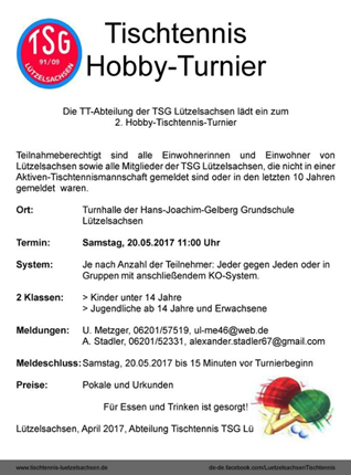 Tischtennis Hobby-Turnier der TSG am Samstag den 20. Mai